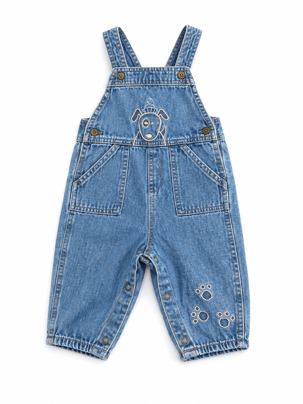 Vintage Oshkosh Kids Blue Denim Overalls with Puppy Embroidery